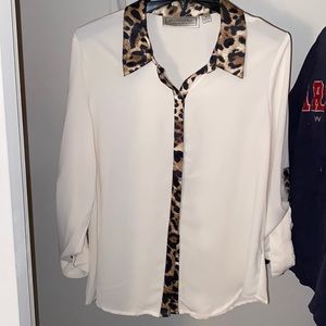 An animal print collard button down